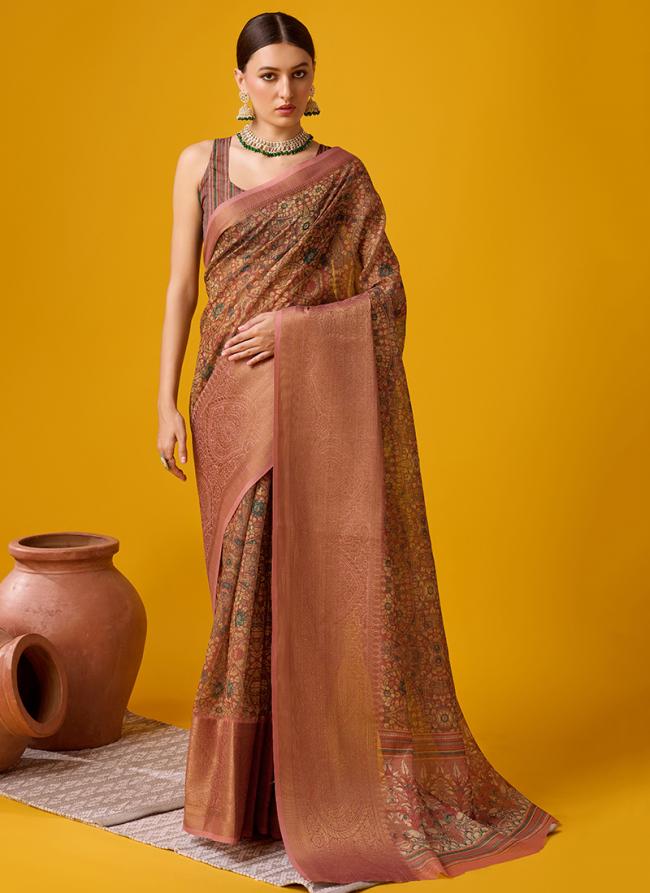 Cotton Brown Festival Wear Floral Print Saree